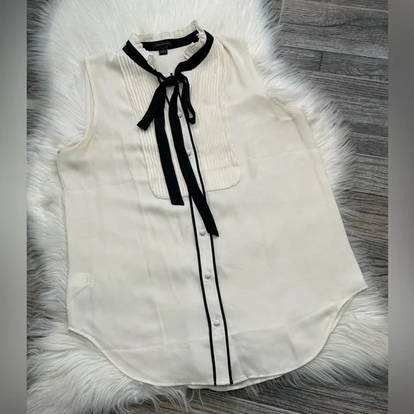 Ann Taylor Cream Blouse With Black Neck Tie - Picture 4 of 8